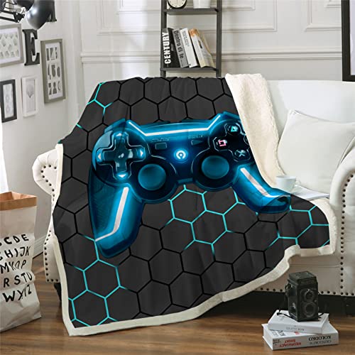 Gaming Throw Blanket For Boys Video Game Controller Printed Geometric Blue Black Flannel Throw Plush Sherpa Fleece Blanket Soft Cozy 60X80 Inch #TOP6