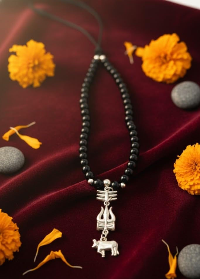 Image of Mahadev Trishul & Nandi Pendant Necklace for Men | Silver Shiv Pendant with Black Beads Mala | Spiritual Rudra Necklace for Daily Wear, Devotional Jewelry & Gift