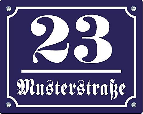 Hausnummernschild - Format 200 x 160 mm - Hausnummer - Emaille - Keramik - Wetterfest - Türschild. Farben: Blau Grün Anthrazit Weiß Zahl und Straßenname nach Wunsch. J.Pfaffenzeller