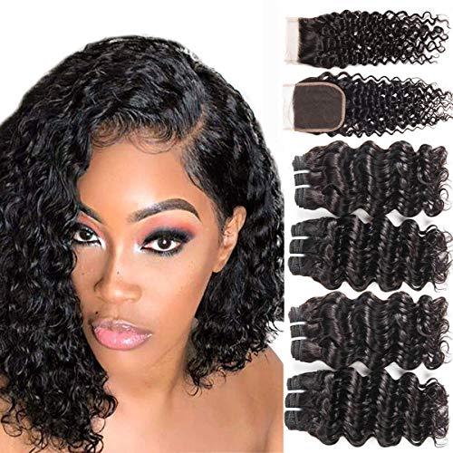 Brazilian Virgin Deep Wave/Curly Human Hair Bundles with Lace Closure 100% Unprocessed Wet and Wavy Deep Curly Hair Weave Weft Hair Extensions Natural Black (10" 4 Bundles With 4x4 Lace Closure)