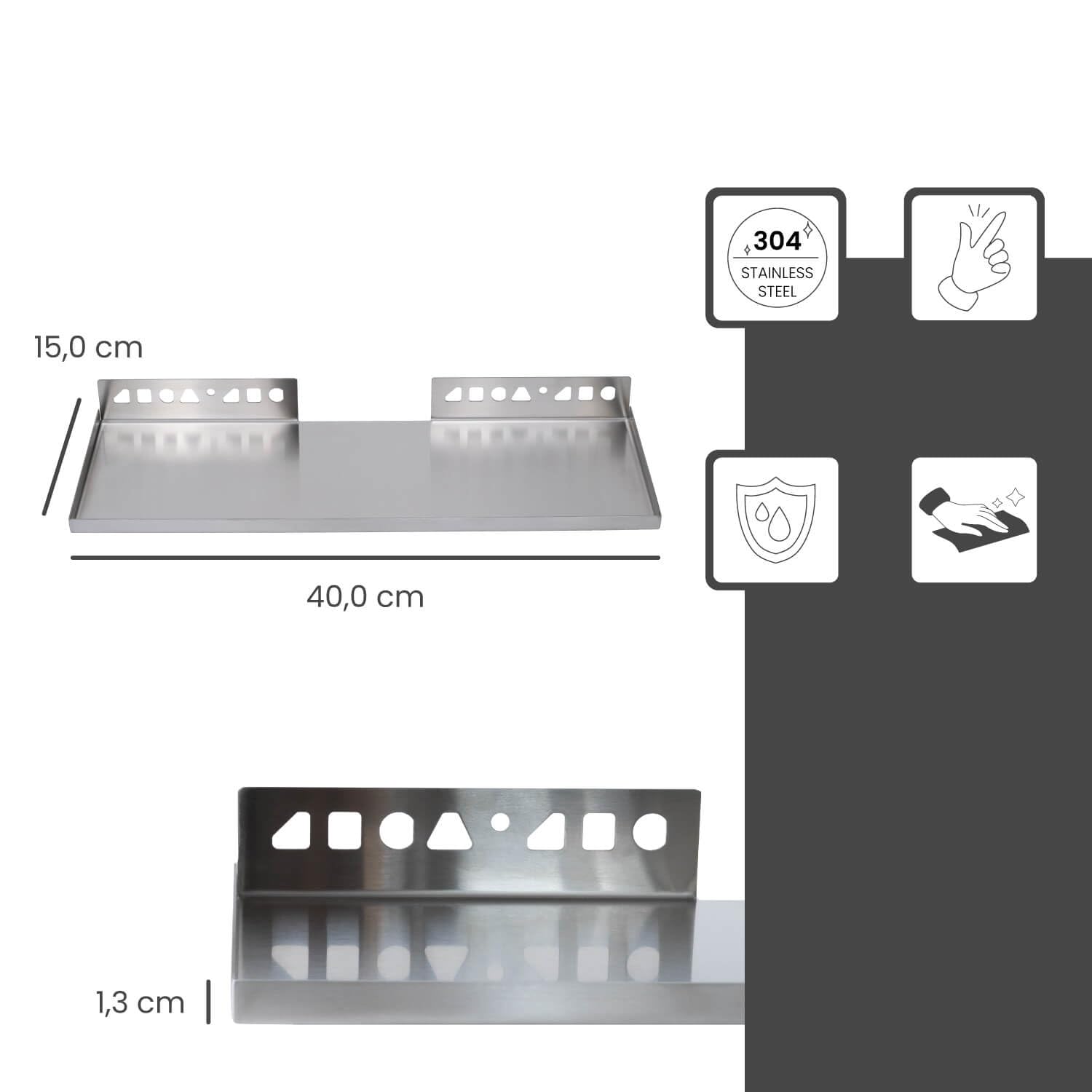 Befliesbare Duschablage Ecke 400mm x 150mm Silber Ablage zum Einfliesen, Edelstahl korrosionsbeständig, Bad Accessoires