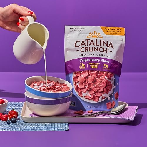 Image of Catalina Crunch Protein Cereal - Sugar Free Breakfast Cereal with 11g of Protein - Gluten Free - Triple Berry Blast - 8 oz. Bag (Pack of 4), Packaging May Vary