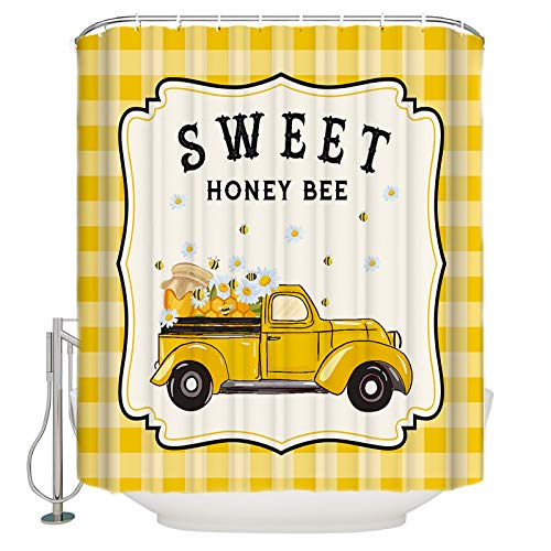 TAOGAN Sweet Honey Bees Shower Curtain, Yellow Plaid Truck with Daisy Polyester Fabric Bath Curtains with Hooks Holiday Winter Gifts for Bathroom Showers and Bathtubs Home Decorations, 60x72inch