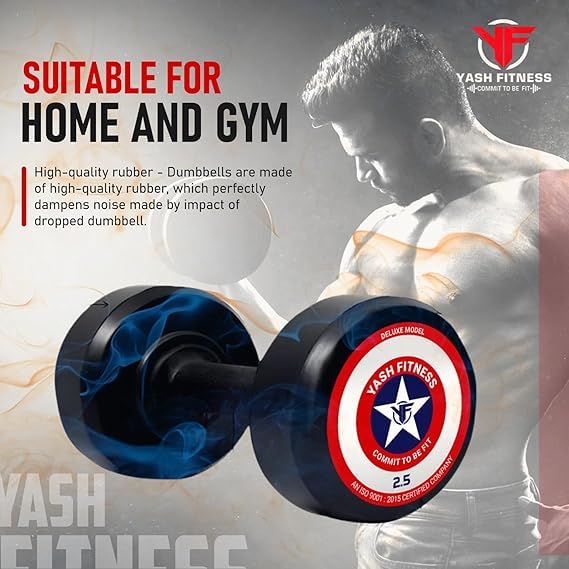Image of YASH FITNESS Rubber Professional Dumbbells 2.5Kg | Fixed Weight Dumbbell | Dumbbells Set For Home Gym & Gym Training | Gym Equipment Dumbbells Set | Durable Dumbbell Set (Black, Rubber 5Kg)