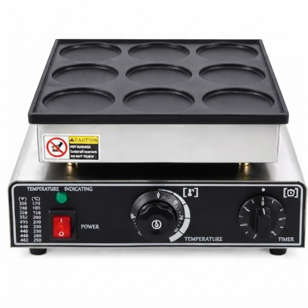 9-hole mini pancake maker, stainless steel, 31x35x18 cm | non-stick coated plate, temperature & timer control, for cafes & bakeries, high capacity, easy to clean
