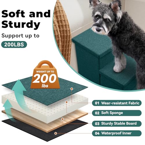 Image of Zerbuger Dog Stairs with Storage 18 inch H, 3-Step Wider Dog Steps for Small /Medium /Large Old Dogs Cats, Folding Sturdy Pet Stairs for Climbing Bed Couch, Ramp for Car Hold Up to 200 lbs, Dark Green