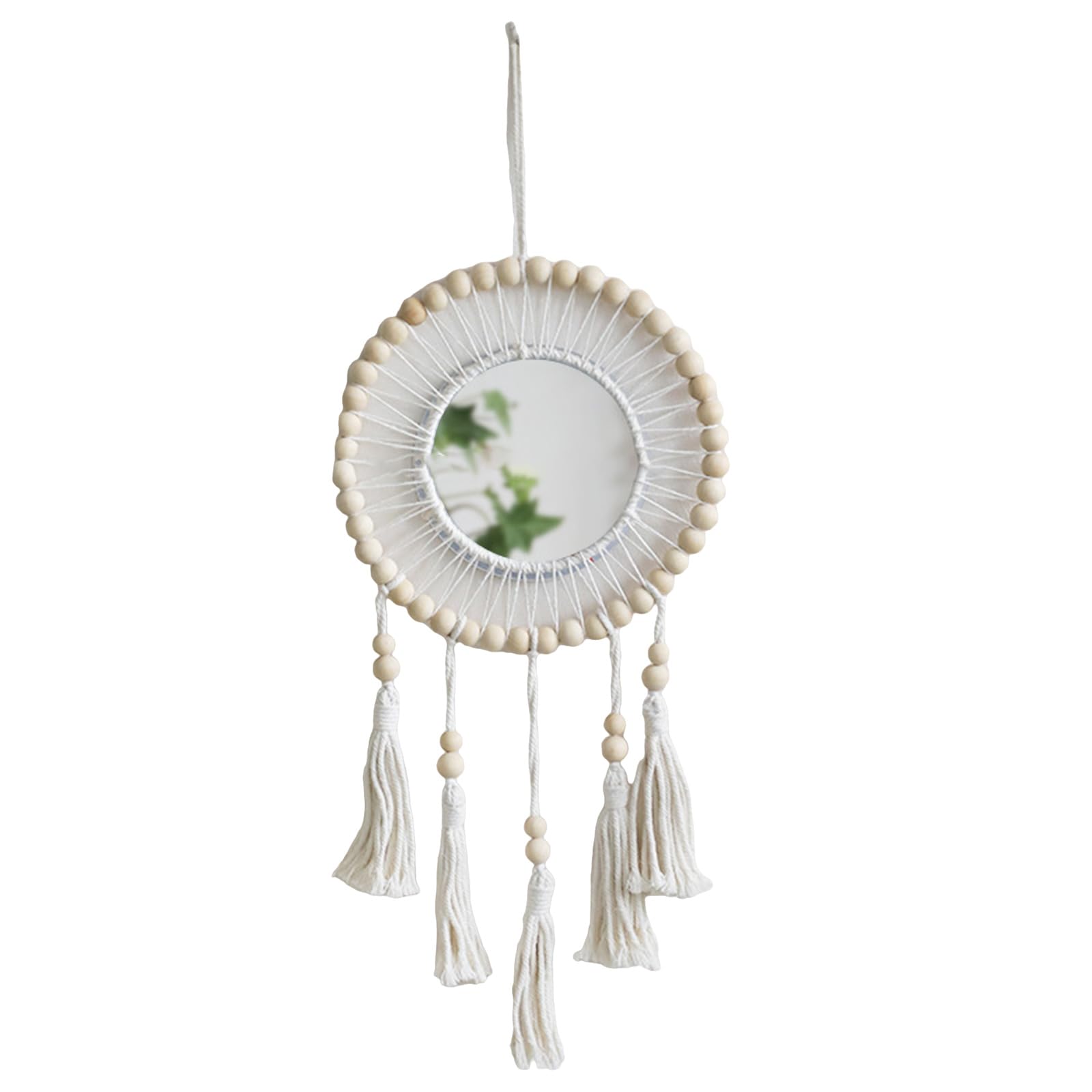 Handcrafts Mirrored with Wood Beads Frame Woven Fringed Tassels Tapestrys Wall Hanging Mirrored for Home Bedroom Decors Wood Beads