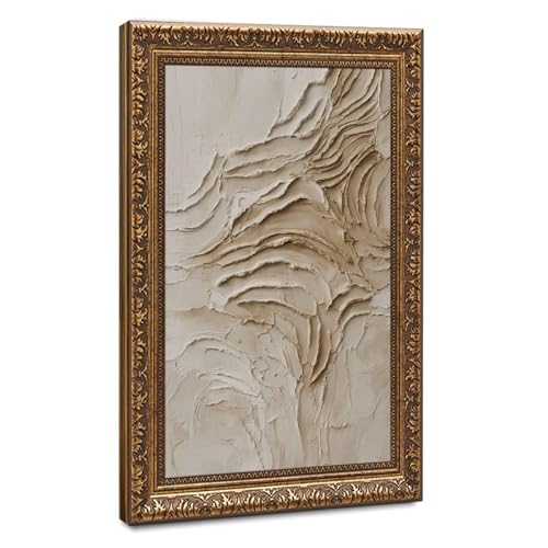 Abstract Plaster Texture Painting in Antique Gold Frame, Luxury Neutral