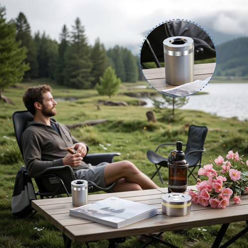 Image of Windproof Stainless Steel Car Ashtray No Smell - Cup Holder Fit with Rotating Lid for Vehicle Travel(Silver Matte Tall)