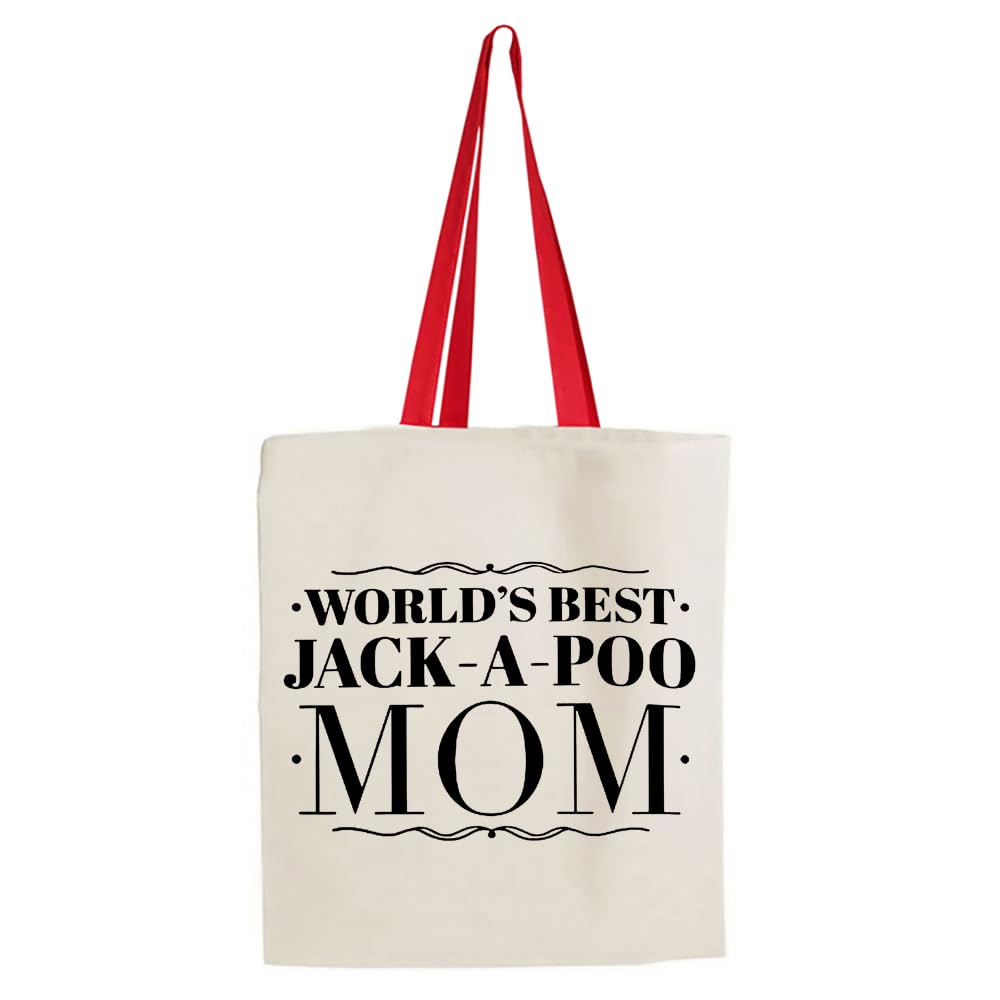 Mother's Day Gift, World's Best Mom, Jack-A-Poo Mom Gifts, Dog Mom Gift, Reusable Bag, Shopping Bag, Tote Bag. (Red Handle)