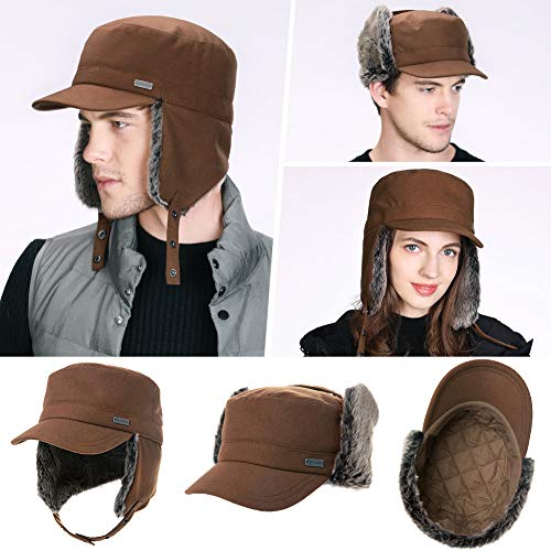 Jeff & Aimy Boys Girls Winter Baseball Army Cap Trapper Warm Lined Military Hunting Hat Women Faux Fur Ear Flaps Muffs Ski Cold Weather Elmer Fudd Black Brown Small 54-56Cm #TOP1