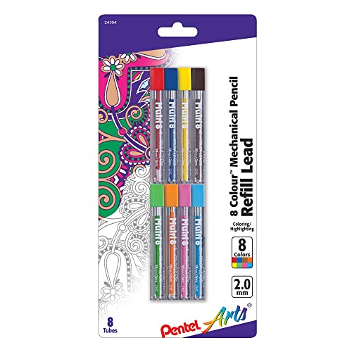 Pentel Arts 8 Color Automatic Pencil, Assorted Accent Clip Colors, 1 Pencil (Ph158) & Arts 8 Colour Refill Lead, Assorted Colors, 8 Pack (Ch2Bp8M) #TOP4