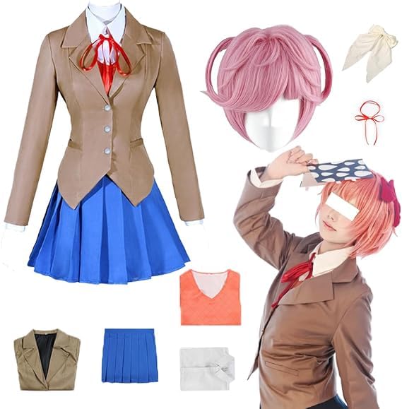 Women's Classic School Attire, Suit Jacket Shirt, Ribbon Pleated Skirt, Halloween Makeup Outfit Complete Set (Brown+Wig 3, XS)