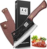 ENOKING 6.3 Inch Chef Butcher Knife, Hand Forged Meat Cleaver with Hammer Texture, Full Tang Kitchen Knife with Leather Sheath for Home Cooking, BBQ & Camping with Gift Box