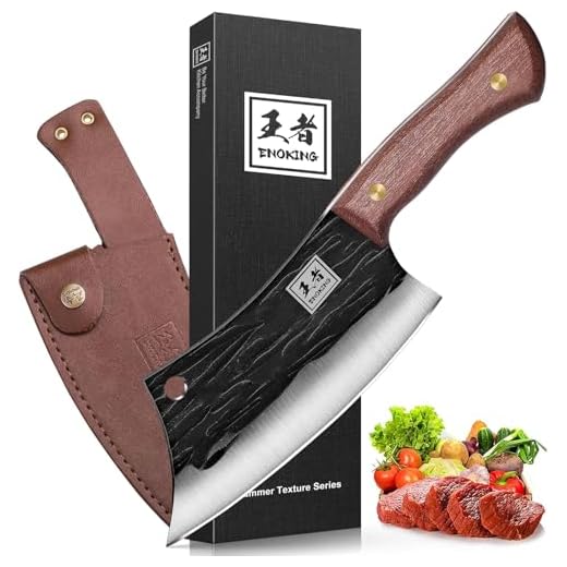 ENOKING Meat Cleaver Hand Forged Chef Knife High Carbon Steel Kitchen Butcher Knife with Full Tang Handle Leather Sheath Chopping Knife for Kitchen, Camping, BBQ (6.3 IN)