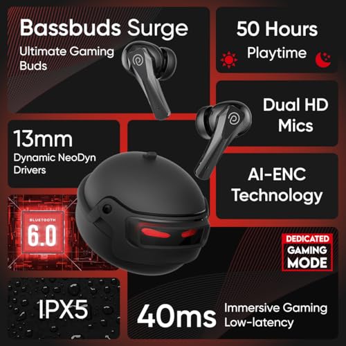 Image of pTron Bassbuds Surge TWS Gaming Earbuds, 40ms Low-Latency, 50Hrs Playtime, Custom EQ, App Support, Dual Mic TruTalk AI-ENC Clear Calls, Pristine Sound, Bluetooth V6.0, IPX5 Water Resistant (Jet Black)