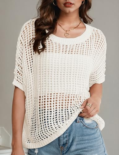 UEU Womens Summer Tops Crochet Short Sleeve Mesh Knit Sweater Shirts Beach Swimsuit Swim Cover Ups 2025 Trendy Outfits2