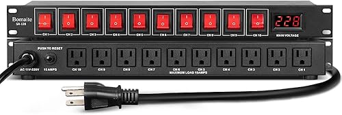 SR-128 - Acondicionador secuenciador de energía de 10 tomas, 15 A, 1800 W, alimentación de CA, interruptor de montaje en bastidor, protector de