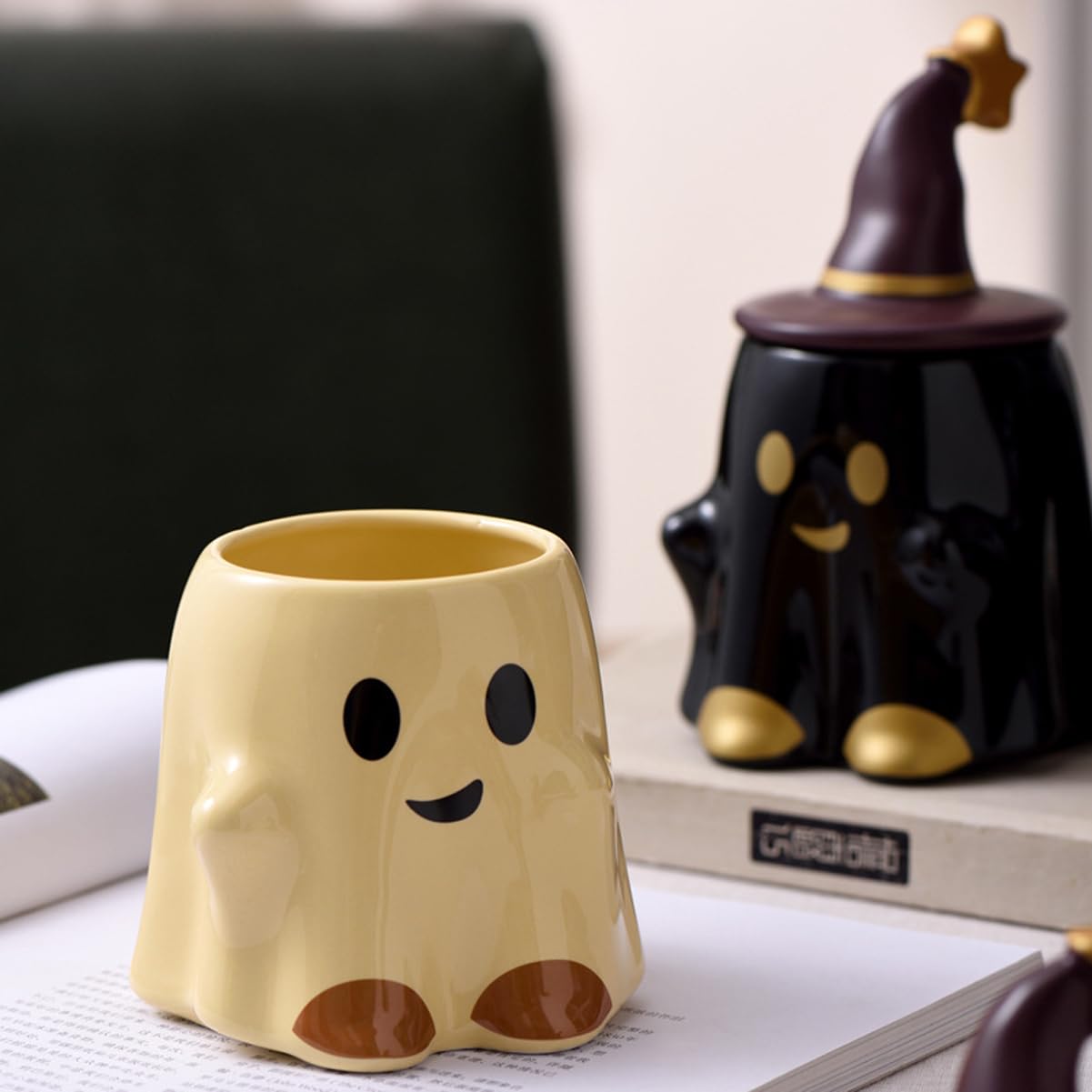 KKGUD Novelty Tea Cup, Ceramic 11oz Halloween Coffee Mug with Lid- Friendly Ghost (Yellow), Friendly Ghost- Yellow, Normal - Image 4