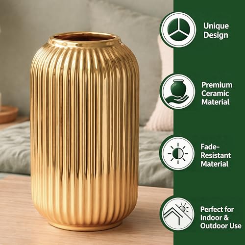 Image of Art Street Modern Ribbed Ceramic Flower Vase | Matte Golden Decorative Boho Vase for Living Room, Bedroom & Office Dcor - (Flower not Included) 5x9 Inch
