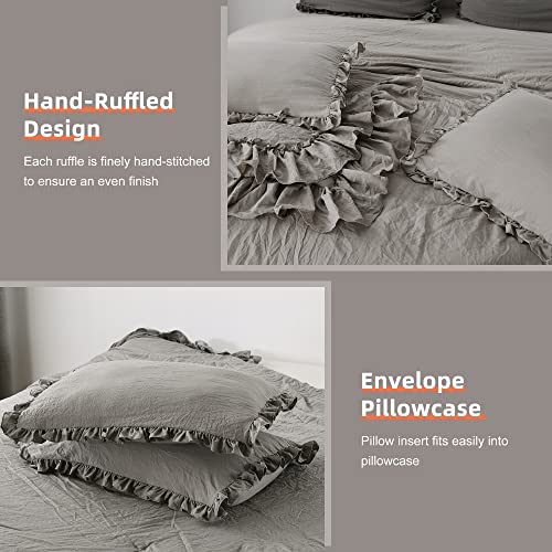 Qsh Shabby Grey Ruffled Comforter Set,Farmhouse Queen Bedding Lightweight Extra Fluffy Soft Boho Chic Bed Comforter,3 Pieces All Season Microfiber Inner Fill Bedding #TOP4