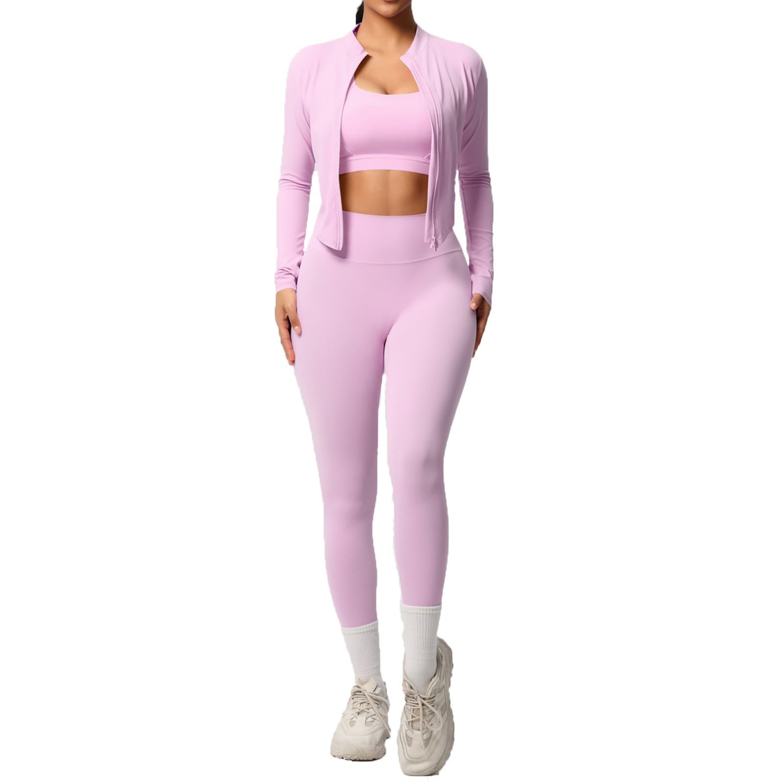 Generisch Dreiteilige Einfarbige Doppelt Gebürstete Enganliegende Yoga-Laufbekleidung für Fitness Sport Damen Outfit Set