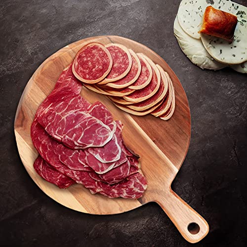 Lifehaxx Round Acacia Wood Cutting Board With Handle - Kitchen Gifts - 12" X 16" Wood Pizza Peel - Charcuterie Board - Serving Platter For Bread, Cheese, Meat, Pastry #TOP3
