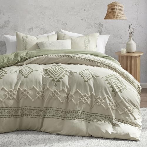 Oli Anderson Boho Duvet Cover Set Queen Size, Beige and Sage Green Color Clash 3 Pieces Microfiber Bedding Set, Durable and Super Soft Duvet Covers with Zipper and Ties, 90"*90" Beige&sage G