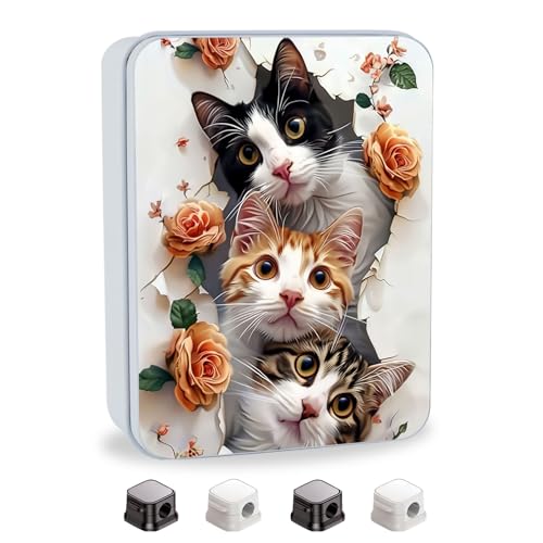 Image of Metal Tin Box with Lid, Cute Cats and Roses | For Game Cards, Home Organizer, Equipped with 4 Magnetic Cord Clips, Candles Keys Crafts Storage