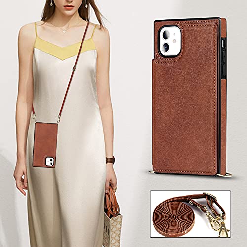 Defbsc Compatible With Iphone 11 6.1" Case, Crossbody Wallet Case, Adjustable Detachable Lanyard Neck Strap With Kickstand Leather Card Holder Protective Cover-Brown #TOP7