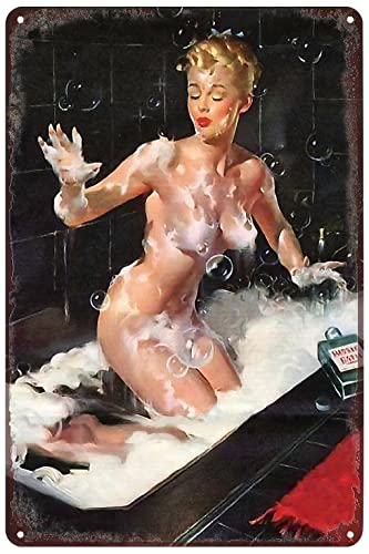 Vintage Metal Signs Pin Up Girl Sexy Lady Poster Naked Woman Bubble Bath Tin Sign Wall Art Decor Plaque for Home Bar Pub Club Cafe Living Room Bathroom Garage Man Cave 8x12 inch