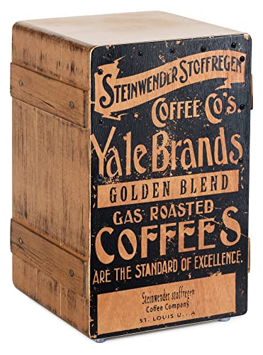 XDrum Design Series Cajon “Coffee” - Designer-Cajon mit Vintage-Aufdruck - Integrierter Bass Port - Korpus aus HPL in Bananenkisten-Optik - Fest installierter Snare-Teppich