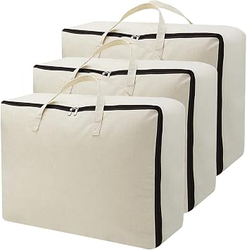 AMJ Set of 3, Canvas Storage Bag with 3-Side Zip Open & Handles, 8OZ Thick Soft Breathable Closet Organizer for Beddings, Hou
