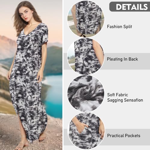 Image of Match Women's V-Neck Casual Loose Short Sleeve Long T-Shirt Dress Split Maxi Dress with Side Pocket
