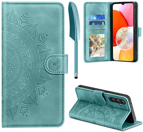 EASDNB Lederhülle für Samsung Galaxy A14 Hülle Handyhülle für Galaxy A14 Flip Wallet PU Leder Case [Kartenfach] [Magnet] [Standfunktion] Prägung Klapphülle Schutzhülle für Samsung A14 Grün