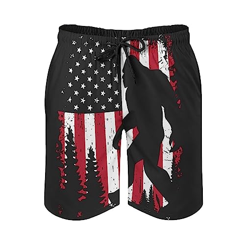 Bigfoot and American Flag Mens Swim Trunks Quick Dry Beach Shorts Casual Sports Board Shorts Swimwear with Pocket2