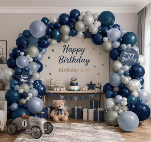 Image of Blue Balloon Arch Kit Double Stuffed Navy Pearl Grey Blue Latex Balloons | blue grey balloon arch dusty fog light blue balloon garland for birthday jean baby shower gender reveal bridal shower decor
