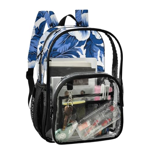 Blue White Flowers Clear Backpack, PVC Transparent Bag with Large Capacity for Boys, Girls, Men, Women, See Through Bookbag for School Work College Travel2