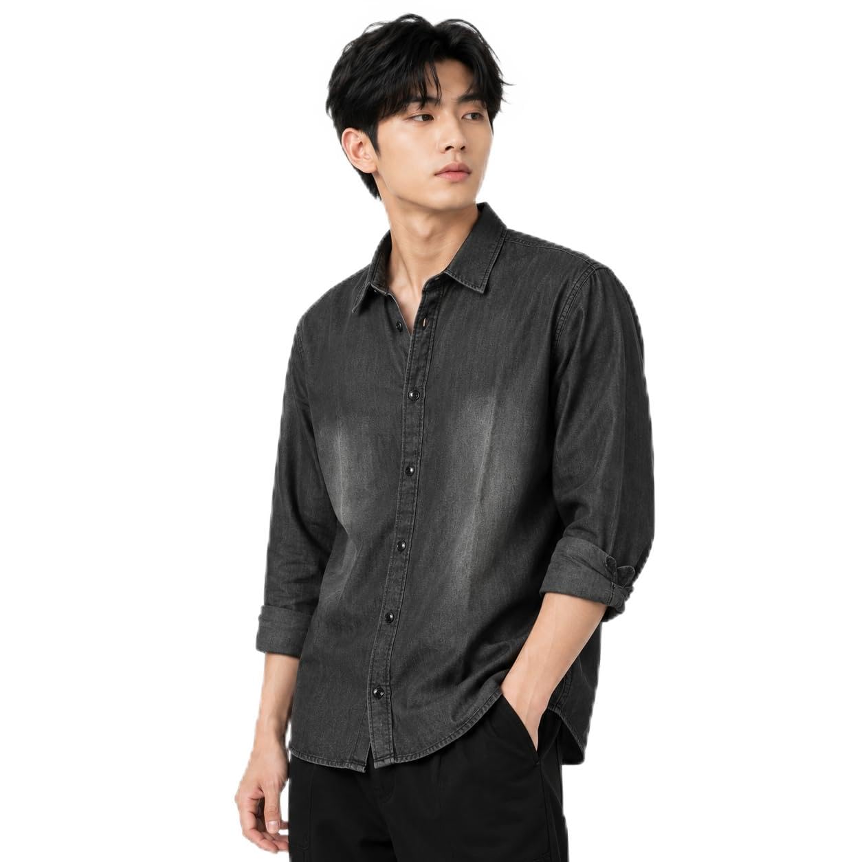 Men's Washed Denim Shirt, Long Sleeve, Dark Grey-picture-20