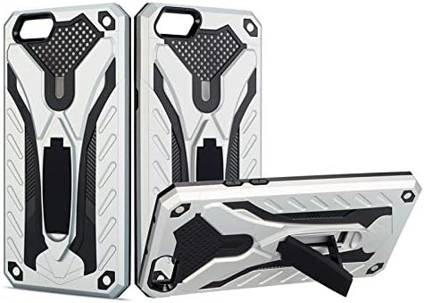 Case for Oppo F3 / A77 + Tempered Glass Screen Protector, [Military Grade Shockproof Protection] Dual Layer Full-Body Rugged Heavy Duty Armor with Built-in Adjustable Kickstand (Silver)