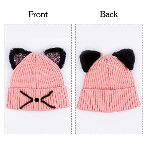 Actlati Kids Winter Knitted Beanie Hat Pompom Cat Ears Ski Hat Pink For Boy Girl(Ages 7-12) #TOP3