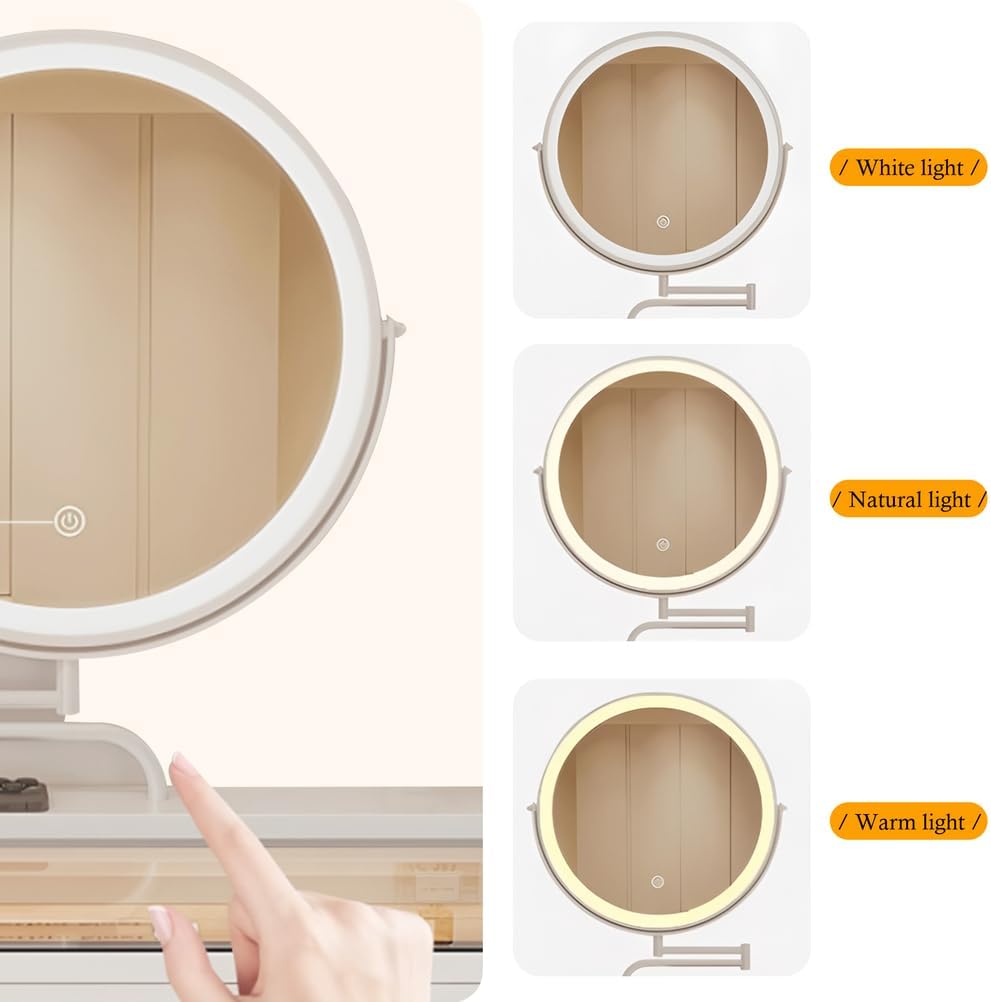 Glass Top Vanity Dressing Table, Desk with Mirror and Drawers Wood, Makeup Table Chair Modern for Bedroom As A, White