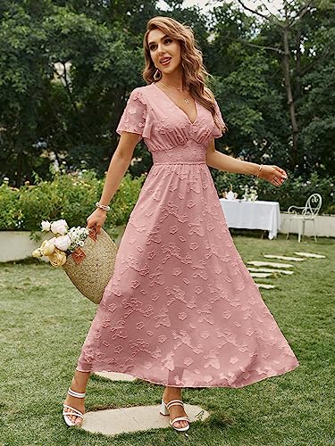 Image of Simplee Women's Boho Floral Maxi Dress Flowy Casual V Neck Short Sleeve Wedding Guest Holiday Beach Long Dress