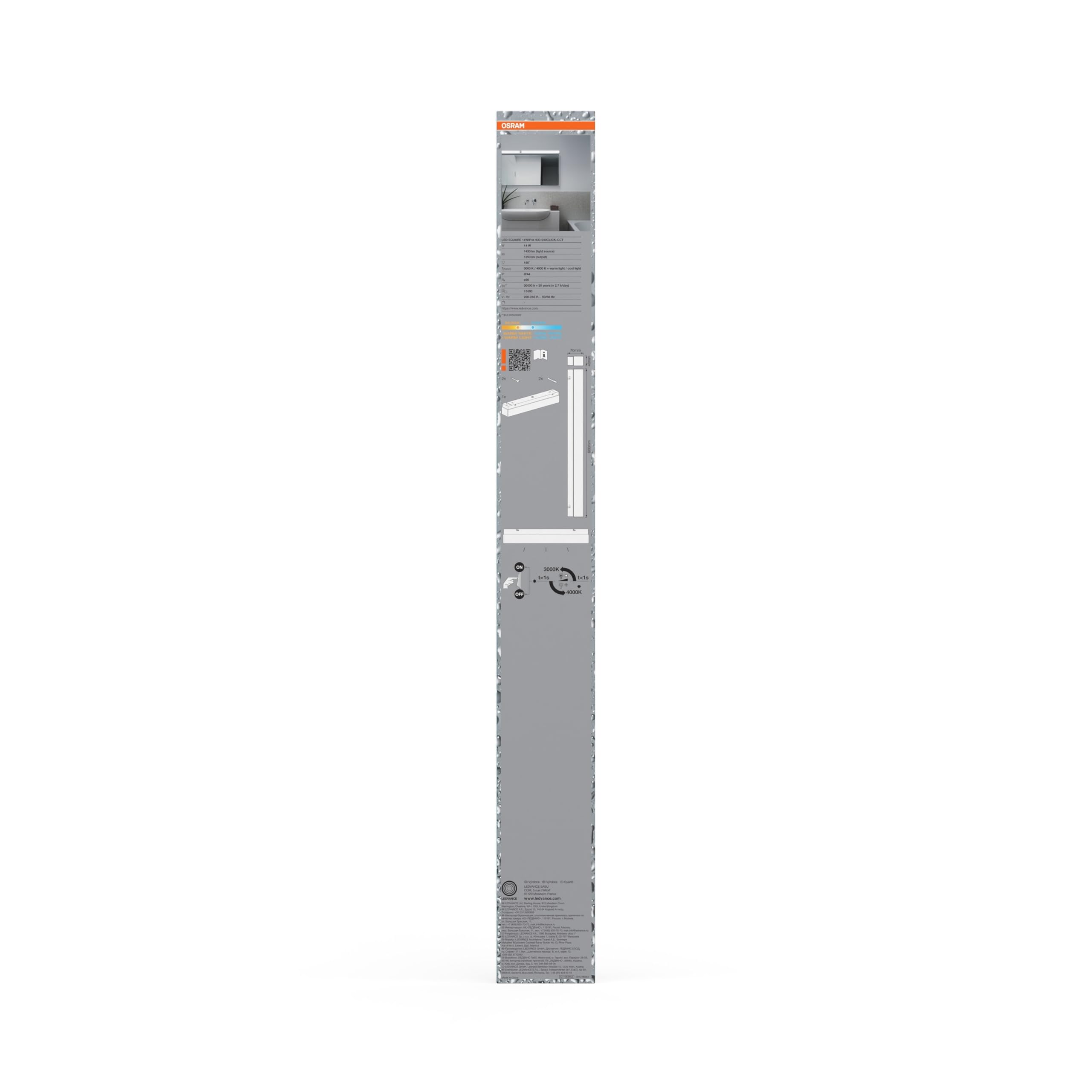 OSRAM LED Square aplique/plafón baño en blanco de aluminio, temp color ajustable con interruptor pared, protección IP44, montaje superficie interior