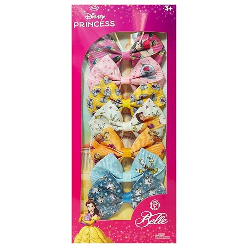 LUV HER Disney Princess Belle Alligator Hair Clips for Kids 7-Pack Non-Slip 4-Inch Hair Bows Girls Hair Accessories with Royal Character Prints Ages 3+ Non-Toxic Material