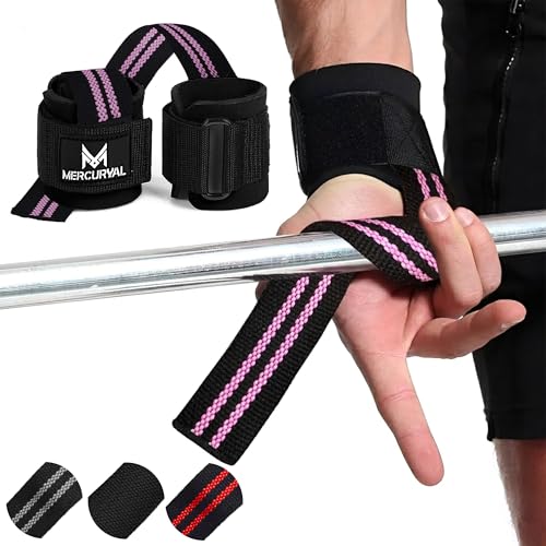 MERCURYAL Straps Gym con Muñequera para Levantamiento de Pesas y Powerlifting   Muñequeras Gym   Lifting Straps   Correas de Agarre   Agarraderas de Gimnasio para Peso Muerto (Negro/Rosa)