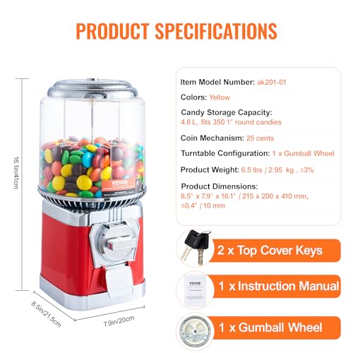 Image of VEVOR Gumball Machine, 16 inchH Home Candy Vending Machine, PC Round Gumball Dispenser, Bubble Gum Machine for Game Stores, Coin Operated Gumball Bank for Toy Capsules Bouncy Balls Candy, Red