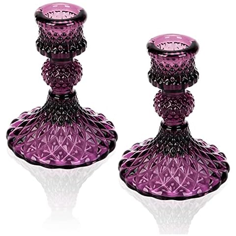 Glass Candle Holder, 2PCS Taper Candlestick Holders Decorative Candle Stand for Formal Events Wedding Party Table Centerpieces Home Decoration, Dark Purple Cover