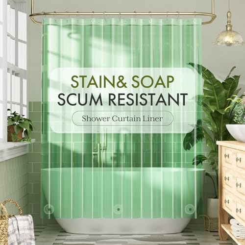 Image of Bathway Shower Curtain Liner, Clear Shower Curtain Liner Green 72x72 PEVA Waterproof Shower Curtain Liner Plastic with 3 Magnets and 12 Rustproof Metal Grommets, Lightweight Shower Liner for Bathroom