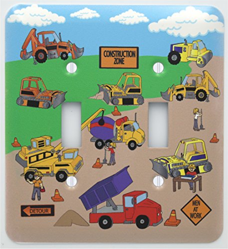 Construction Metal Light Switch Plates Double Toggle Construction Theme with Bulldozers, Tractors, Cement Truck, Steamroller, Crane, and Dump Truck Switch Plate